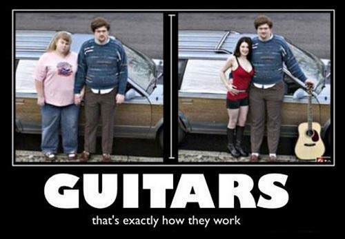a funny meme showing that guitar players always get the hotter girls