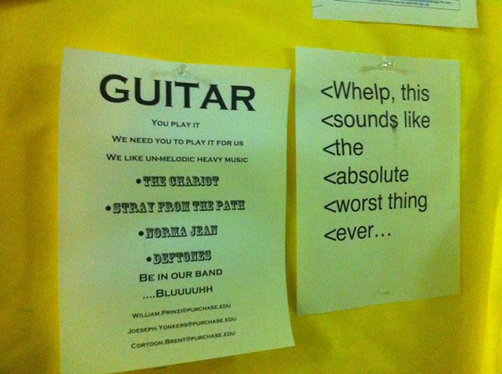 funny flyers hanging at musician message boards in guitar stores