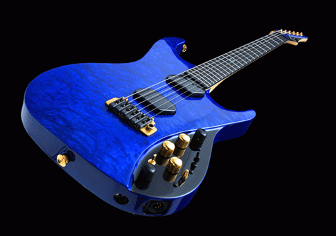 An innovative guitar design, blue, black and gold hardware