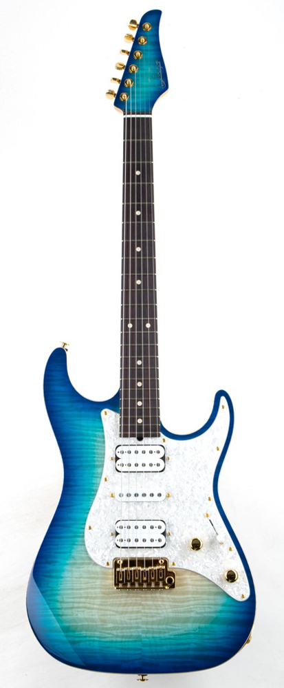 A gorgeous trans blue-bleach burst Stratocaster with gold hardware