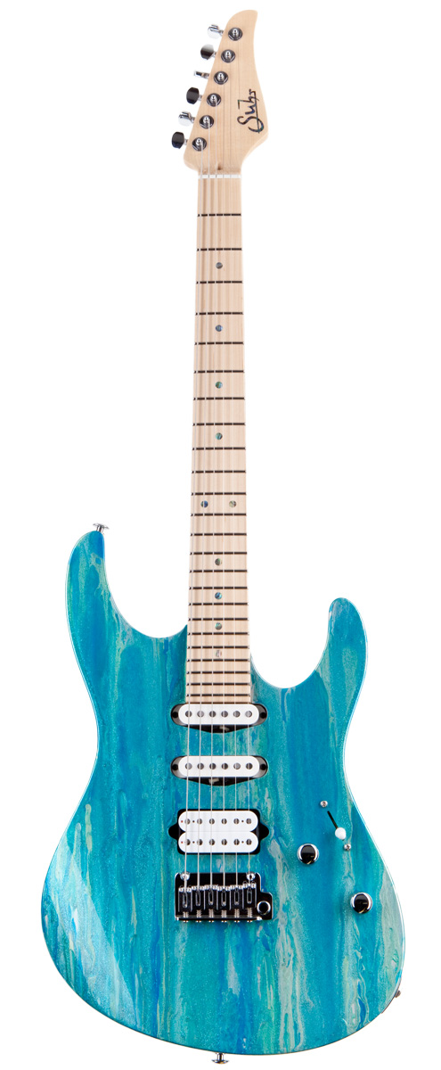 A Suhr Modern with drip blue-green paint and white HSS pick ups