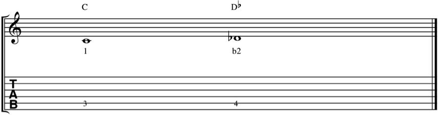Music notation showing a minor 2nd interval