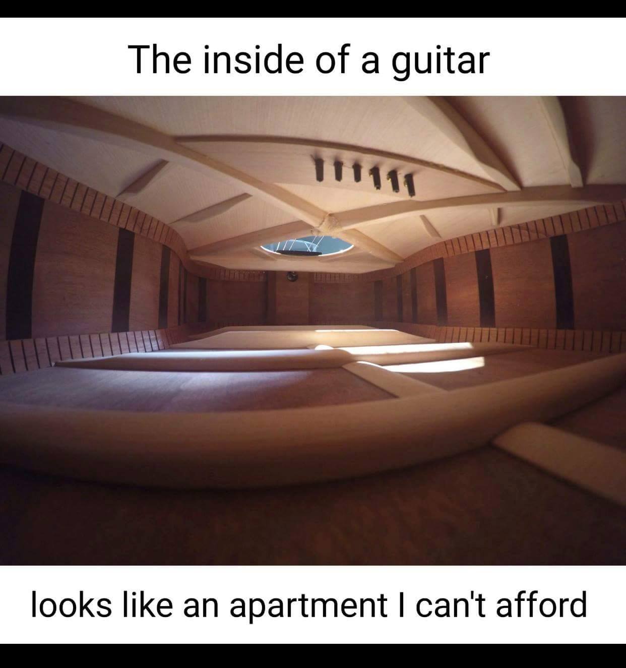The inside of a guitar looks like an upscale apartment