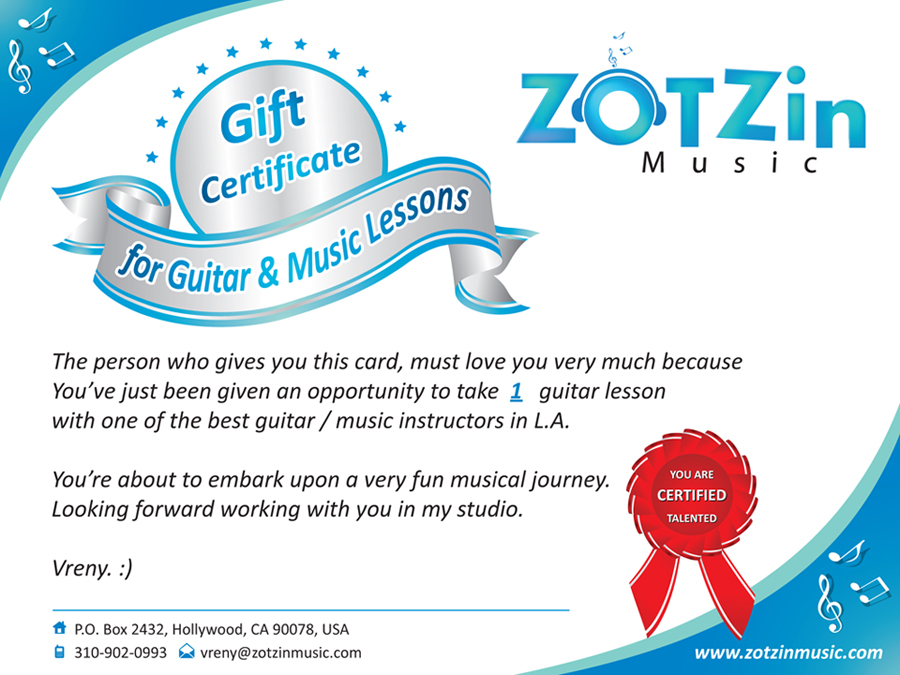 The ZOT Zin Music gift certificate for 1 lesson