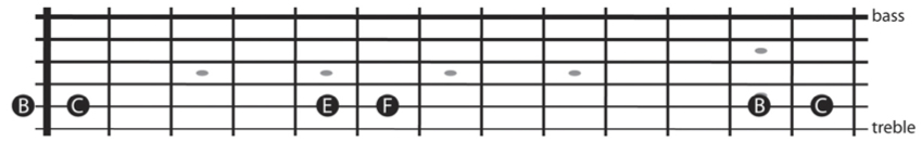 A guitar neck picture showing the EF and BC half steps