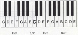 A piano keyboard showing the EF and BC half step locations