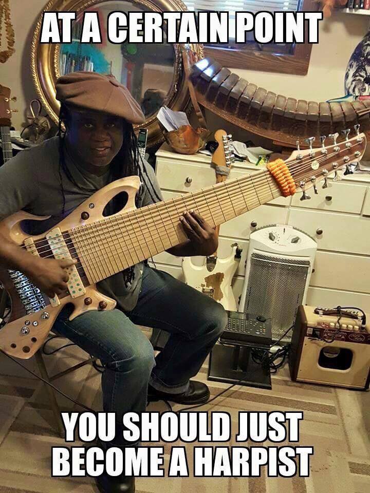 A bassist playing a HUGE 12-string bass, should maybe consider just playing harp