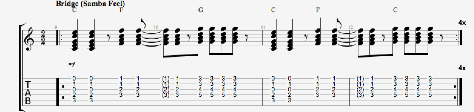 The Latin bridge in Led Zeppelin's song "Fool In The Rain", which is a good rhythm exercise