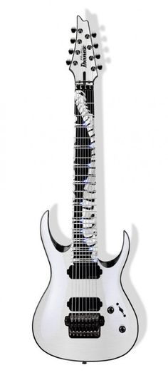 A black and white 8-string Ibanez with 2 humbuckers