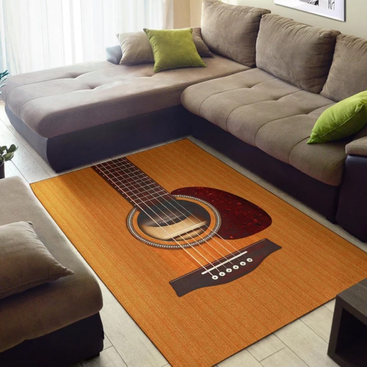 A rug that look like an acoustic guitar up close