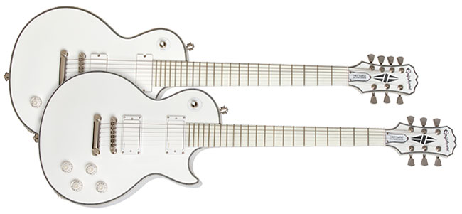 The choice for chrome hardware and light chrome/silvery pick guard are perfect for this white Epihpone Les Paul