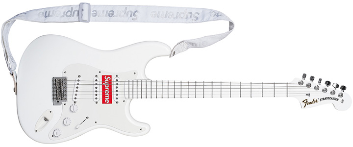 The all-white Stratocaster. If only the guitar didn't have the darn red "Supreme" logo between the picks, which diminishes the guitar's immaculate beauty