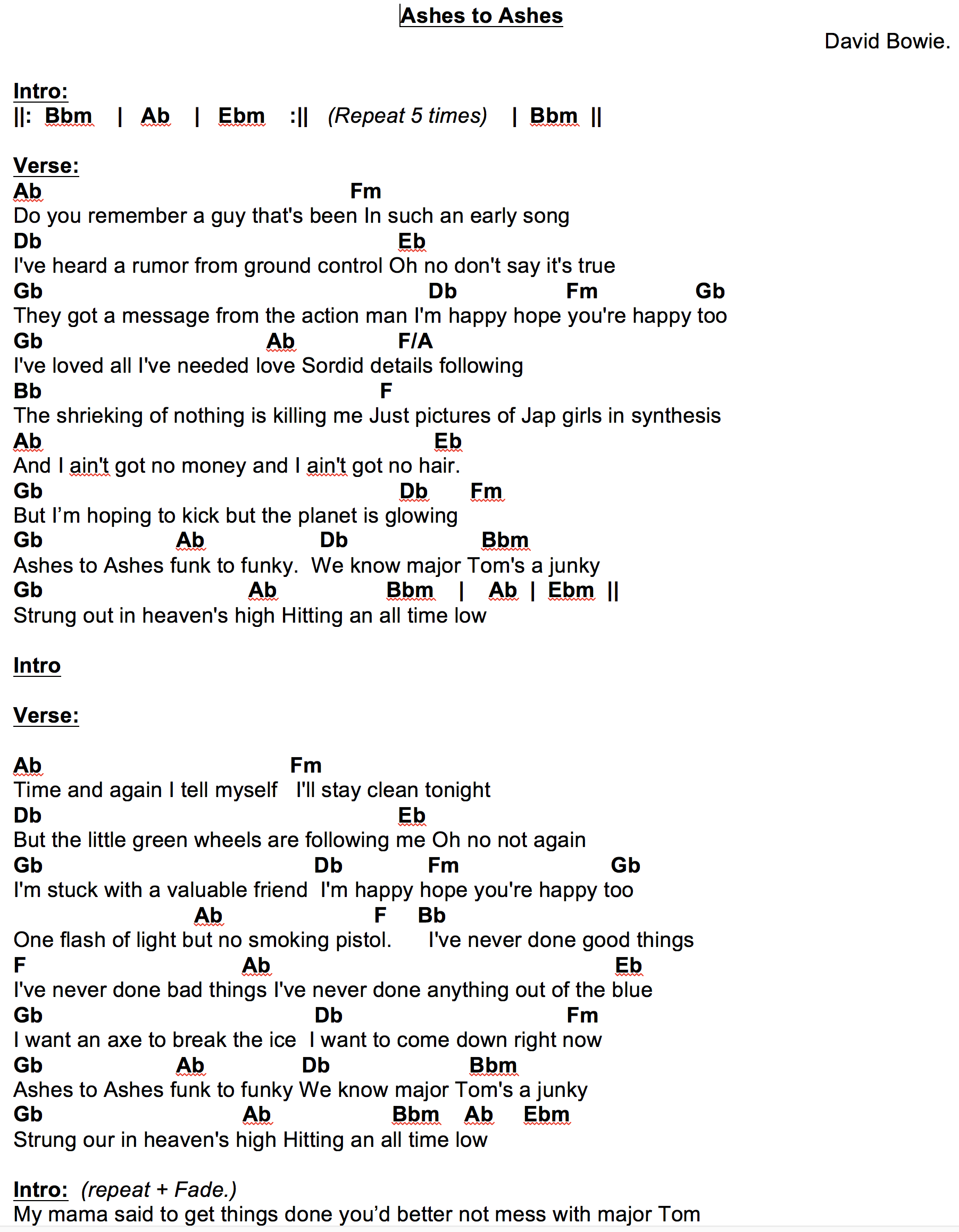 Lyrics and chords for David Bowie's Ashes to Ashes