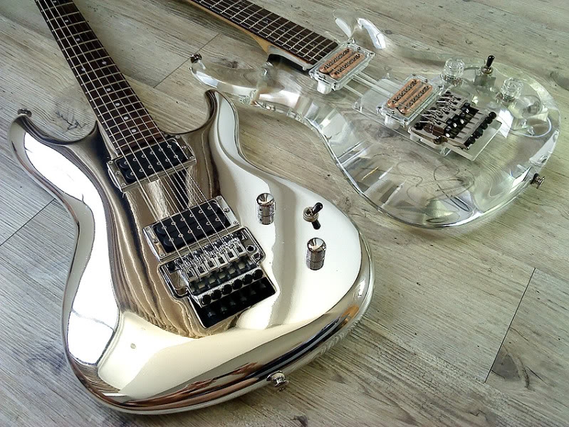 Joe Satriani's Ibanez JS 10 Chromeboy and Crystal guitars