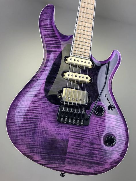 Maple top guitar, flames, purple finish, black vibrato bridge, HSS pick ups, black recessed knobs