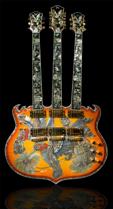 Gorgeous, but oh so busy looking 3-neck guitar. A lot of ornamentation. 