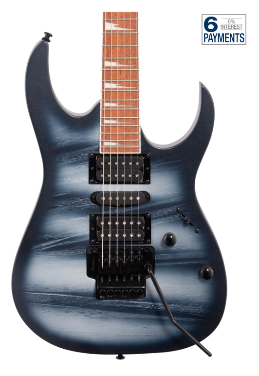 Super Strat Ibanez style rock guitar with dark grey and white lines finish, all black hardware