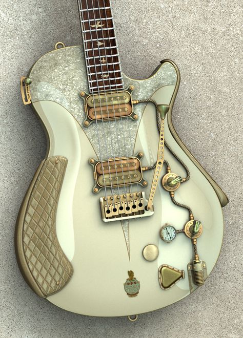 A creamy green-colored Steampunk guitar