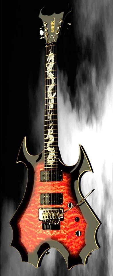 Metal guitar with dragon motive inlays in neck,  fantasy-medieval type of body shape